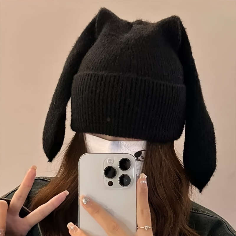 1pc Cozy Knitted Bunny Ears Beanie Hat for Women 100% Acrylic Stretchable Skull Cap with Brea