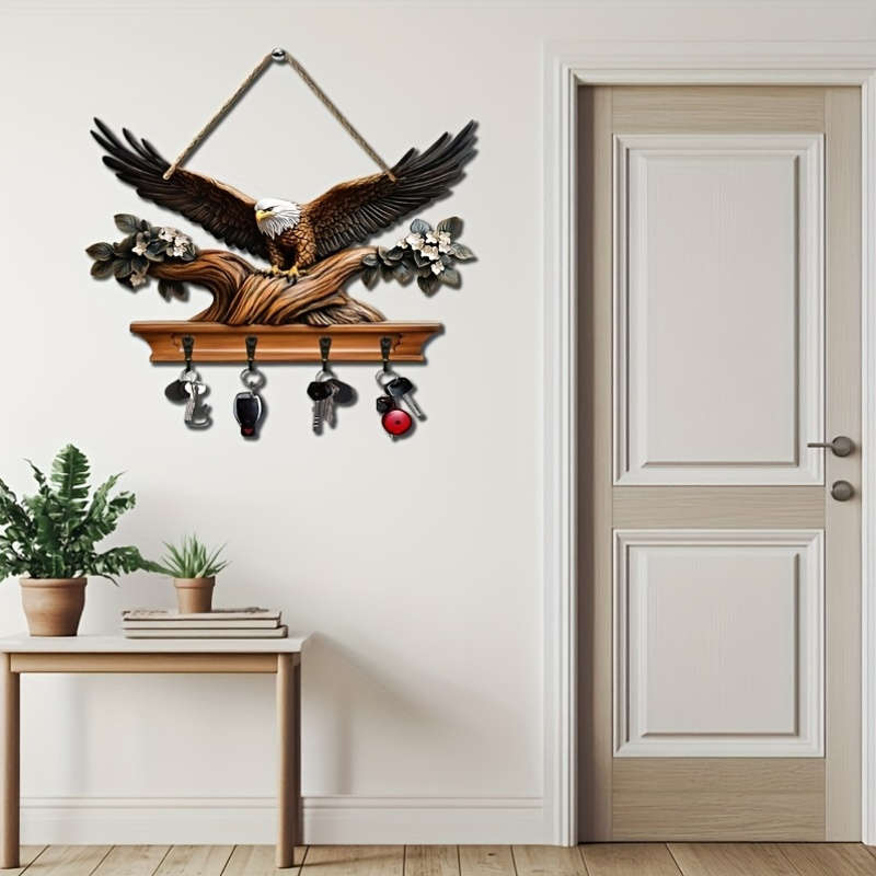 1pc Eagle Spreading Wings Simple Colored Wooden and Key Hanger with Four Metal Hooks (30.0cm x 24.