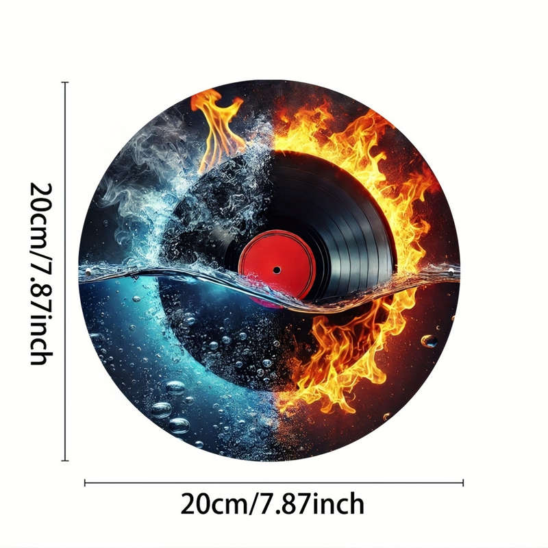 1pc 20cm Fire and Water Vinyl Record Themed Metal Sign Art Set Durable Iron Retro Music Wall Deco