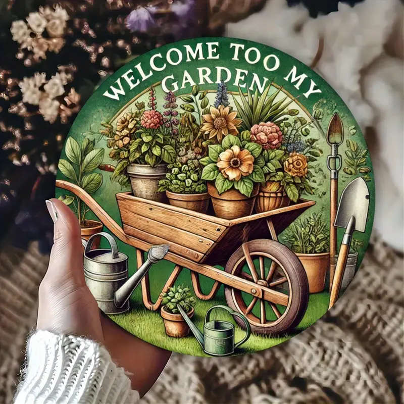 1pc Iron Garden Welcome Sign Plaque 19.81cm Round 2D Flat Printed Metal Sign for Home Decor Welcome