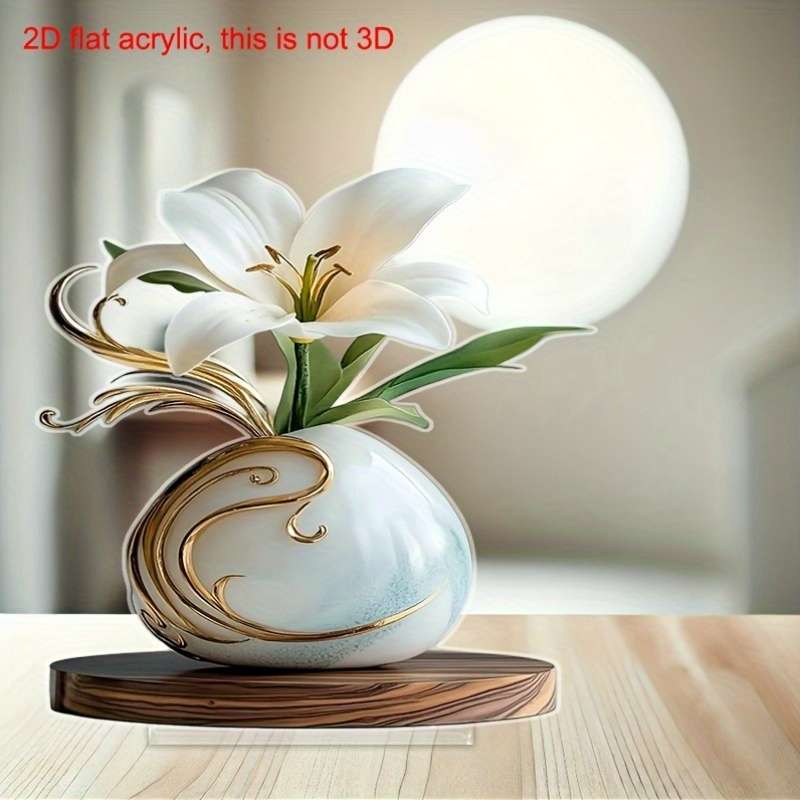 1pc 2D Flat  Acrylic Vase with Elegant White Lilies and Golden Accents Ideal for Home Office or