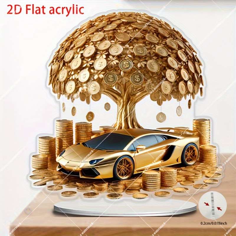 1pc 2D Flat  Acrylic Golden Tree Car Wall Art Bohemian Style  Design No Battery Needed