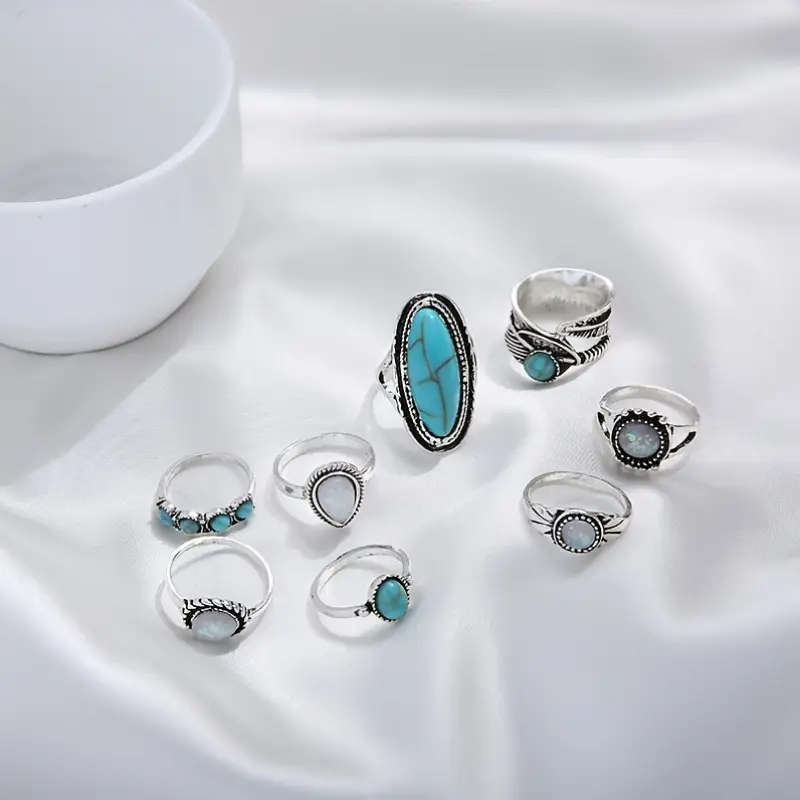 8pcs Vintage Boho Turquoise Mosaic Alloy Ring Set
