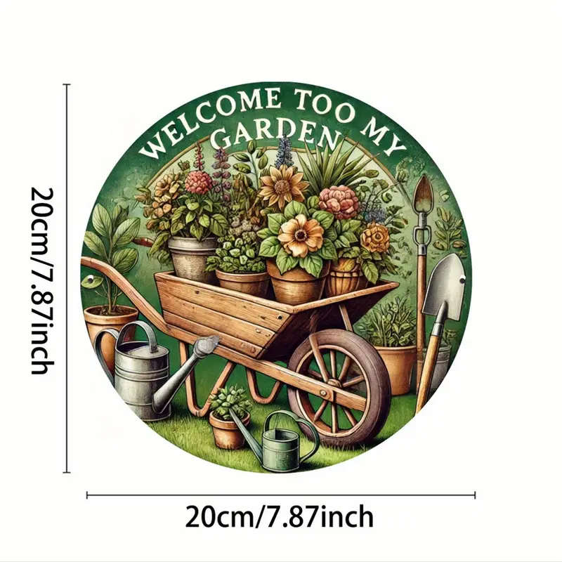 1pc Iron Garden Welcome Sign Plaque 19.81cm Round 2D Flat Printed Metal Sign for Home Decor Welcome
