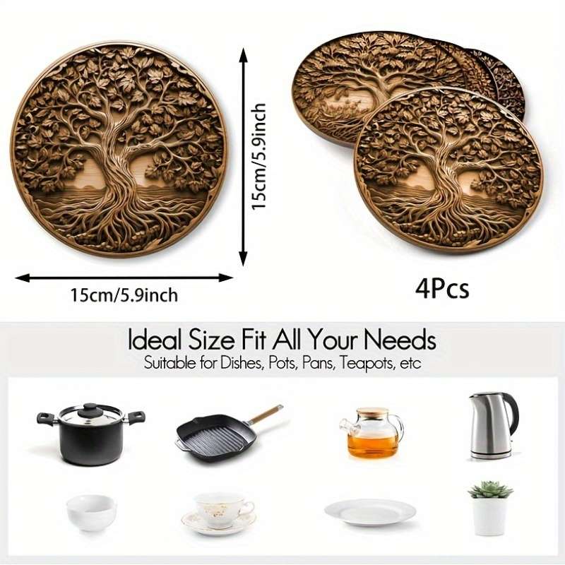 4pcs Tree of Life Wooden Trivet Set Heat Resistant Pot Holder Round Non-Slip Coasters for Ki