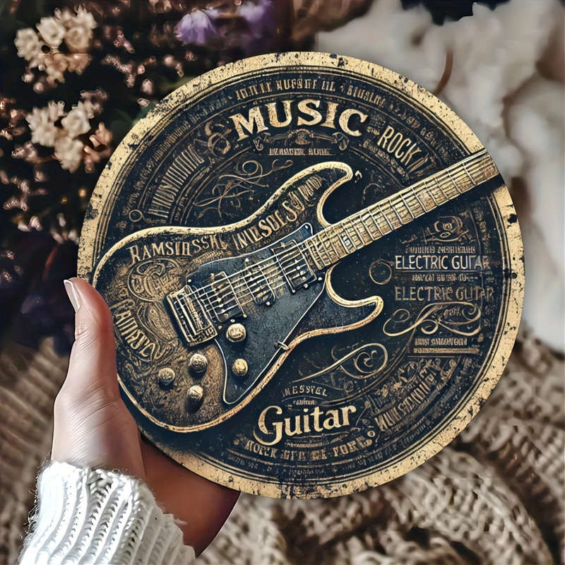 1pc Vintage Round Aluminum Tin Sign with Guitar Design 1 Piece Foil Engraved Metal Signage Durab