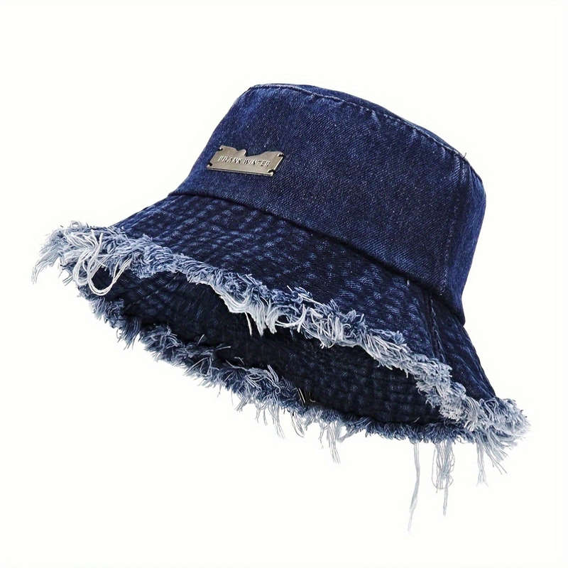 1pc Sun Protection Polyester Bucket Hat with Frayed Edge Design Hand Washable Woven Denim Style Ca