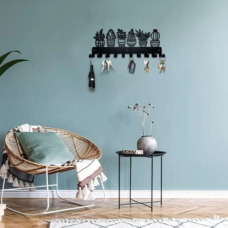 Contemporary Metal Key Holder with 10 Hooks Wall Mounted Keychain Organizer Succulent Plant Design