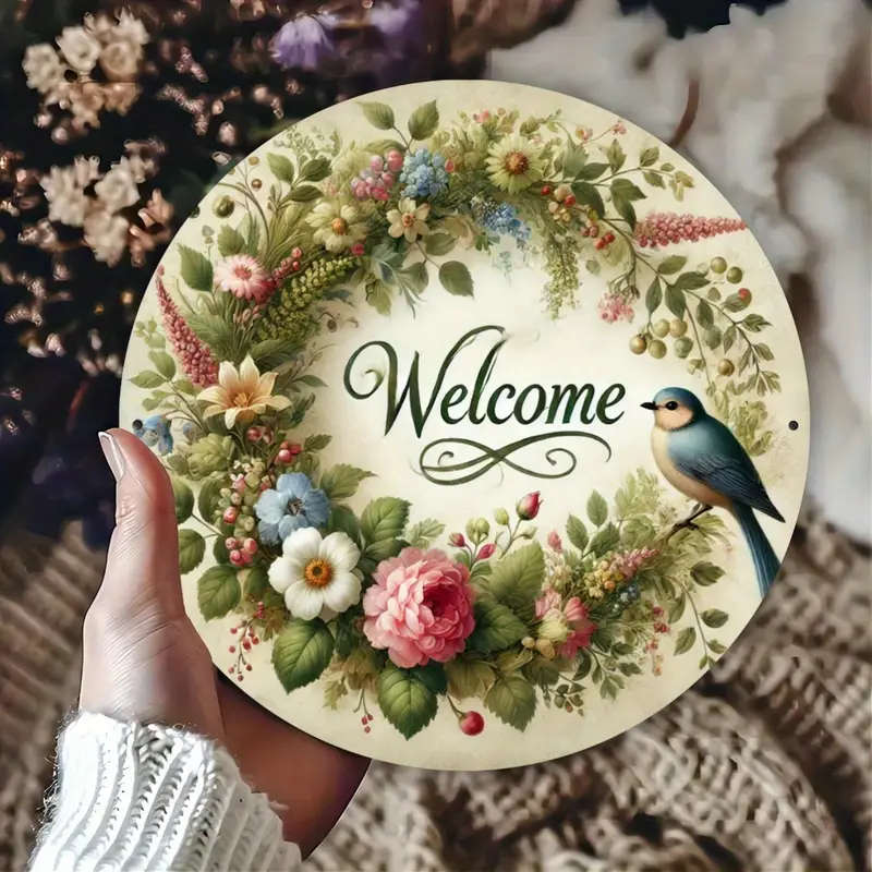 1pc Floral Wreath Welcome Sign Metal Plaque 19.81 cm Decorative Iron Wall Art with Spring Bird Round