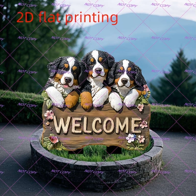 1pc 2D Flat  Printing Acrylic Bernard Mountain Dog Welcome Sign Garden Stake Suitable for Flowerpot