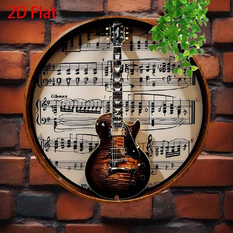 1pc  2D Flat Metal Round Aluminum Tin Sign Gibson Guitar Wall Art Retro Music Decor for Hom