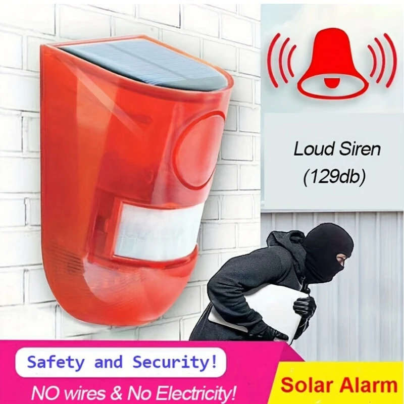 1pc Solar-Powered Security Alarm with 129Db Siren 6 LED Flashing Warning 400Mah Rechargeable Lithium