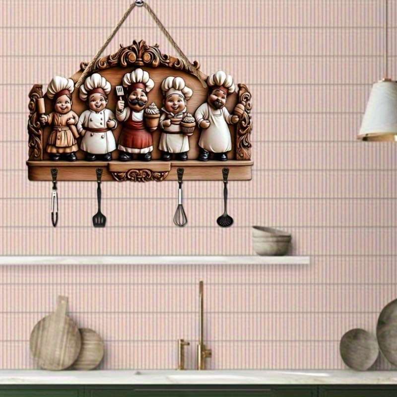 1pc Happy Chef Family Wooden Key HolderVintage Style Wall-Mounted Decor with Four Metal Hooks 2D