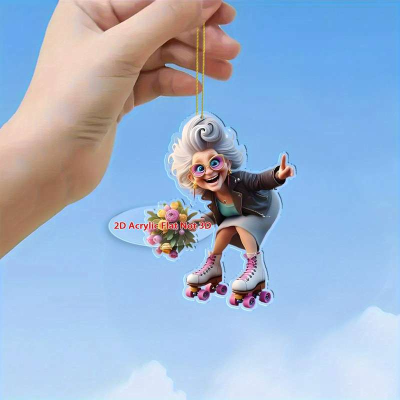 1pc 2D Flat   Vibrant  Acrylic Skateboarding Grandma Car Pendant Colorful Sports-Themed Key
