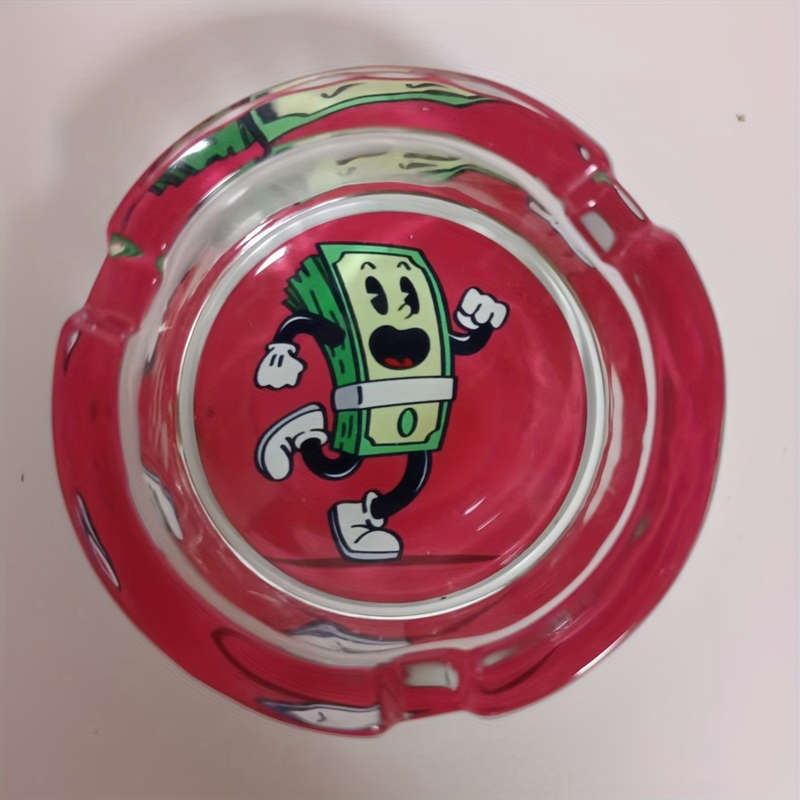 1pc Round Glass Ashtray with Cartoon Dollar Design Colorful Playful Money Illustration Perf