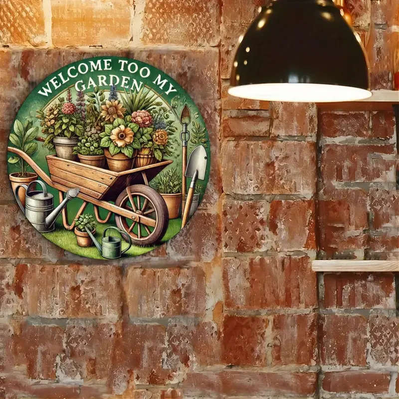 1pc Iron Garden Welcome Sign Plaque 19.81cm Round 2D Flat Printed Metal Sign for Home Decor Welcome