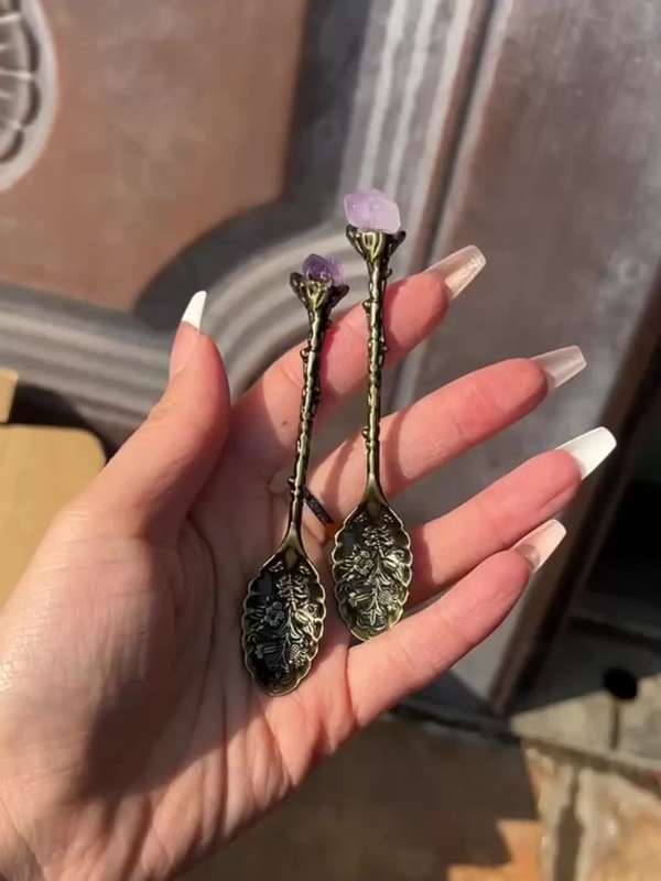 1pc Natural Amethyst Cluster Teaspoon Tooth Flower Gem Sweetmeats Spoon Decorate Gift