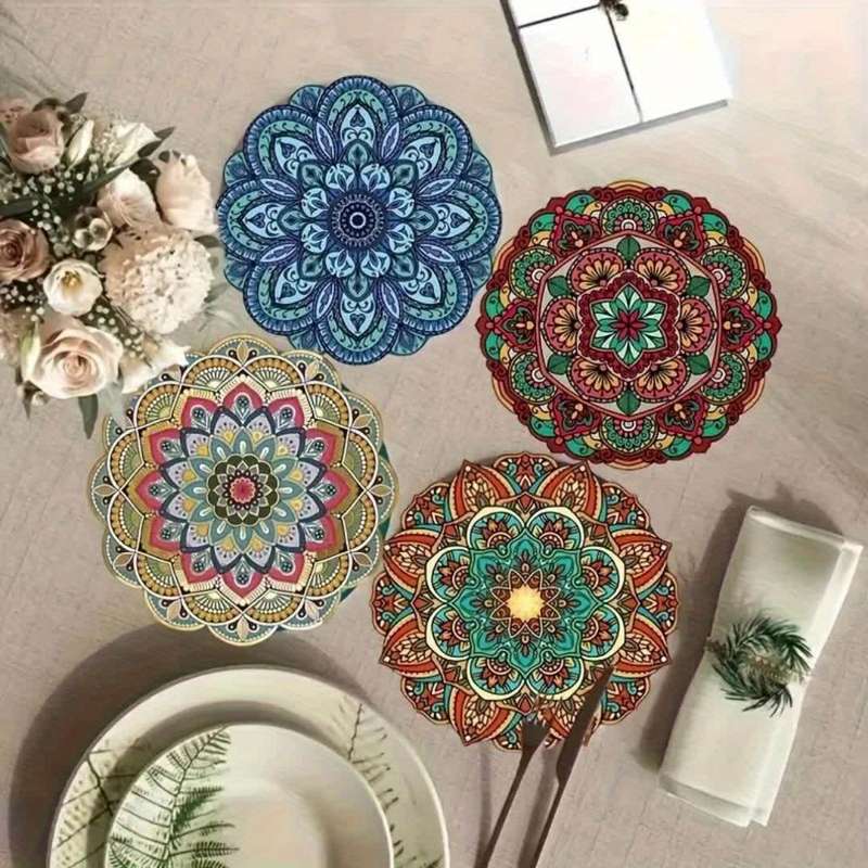 Mandala Art Coasters Set of 4 Intricate Wooden Cup Mats Decorative Table Protectors Uniqu