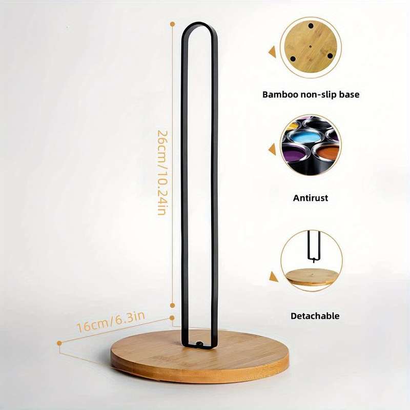 1pc Black Bamboo Kitchen Paper Towel Holder Vertical Storage Rack for Countertop Metal Tiss