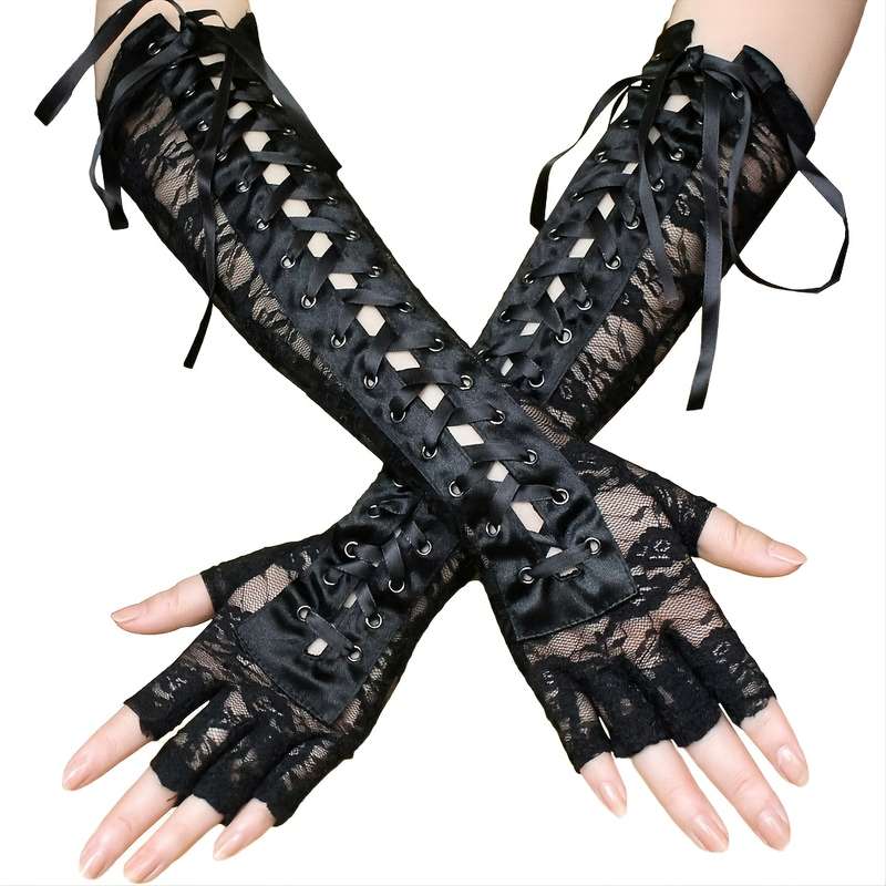 1 Pair Black Lace Long Gloves