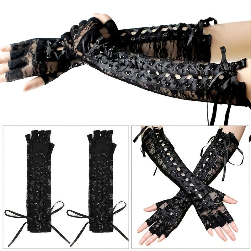 1 Pair Black Lace Long Gloves