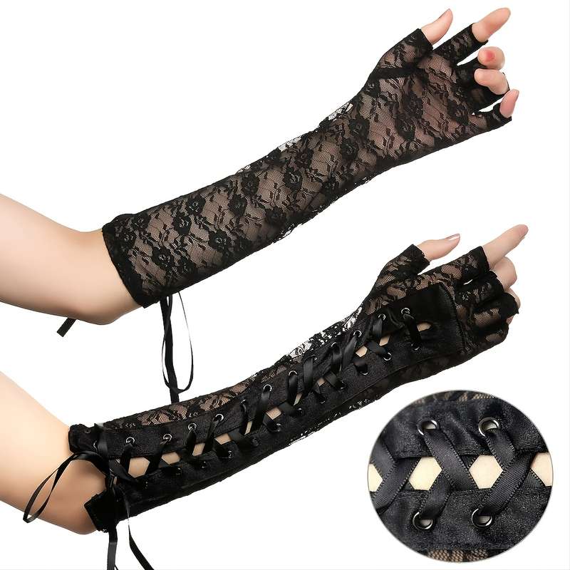 1 Pair Black Lace Long Gloves