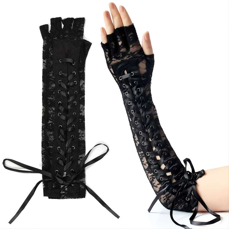 1 Pair Black Lace Long Gloves