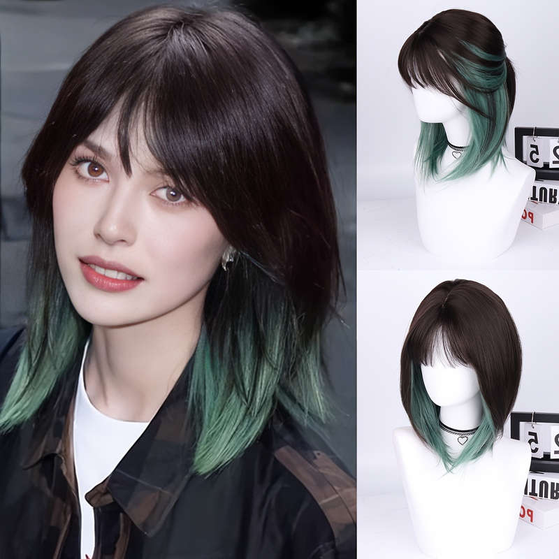 1Pc Brown Black+Green 40.64cm Fashion Design Wig