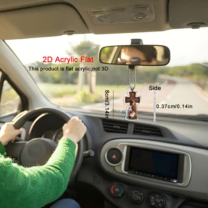 1pc 2D Flat    Acrylic Cross Car Pendant with Holy Family Religious Automotive Hangi