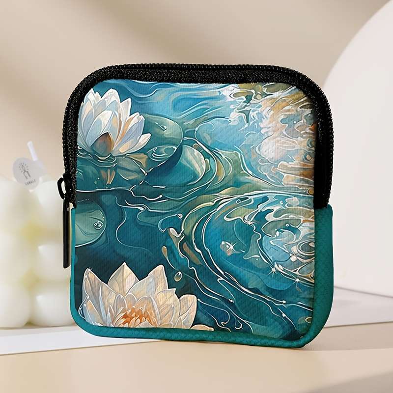 1pc 1pc for Lotus Pattern Printed Coin Purse with Buckle and Zipper Pocket Multifunctional Storag