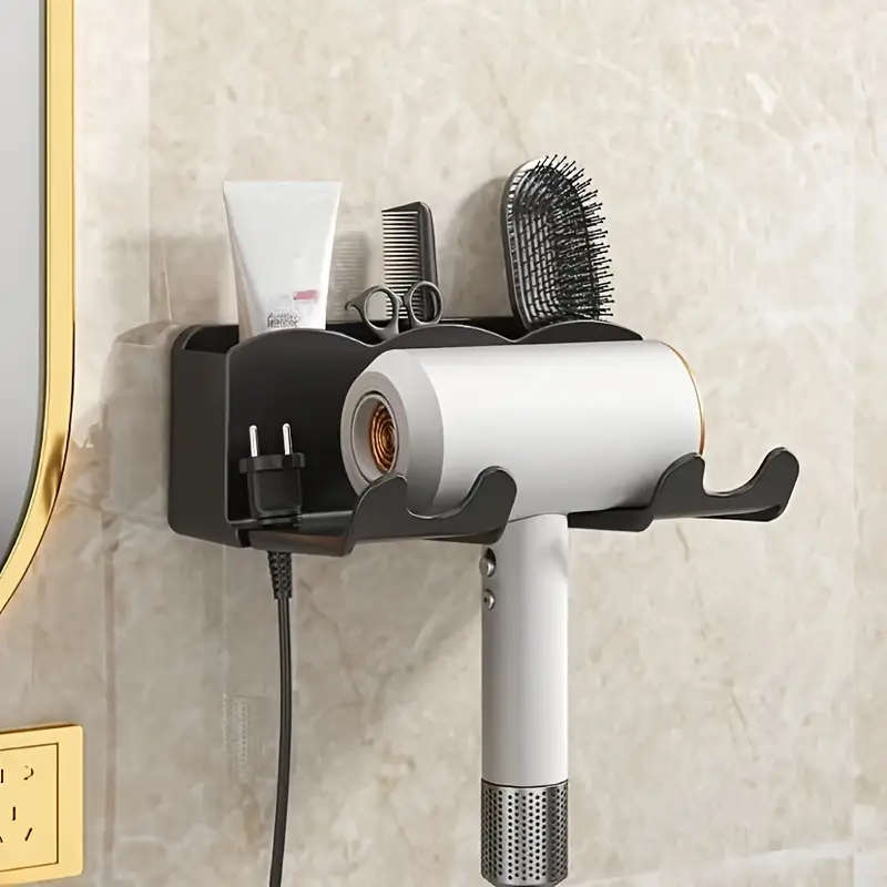 1pc Wall-Mounted Hair Dryer Holder with Storage Shelf Plastic Hanging Shelf for Bathroom No-Drill In