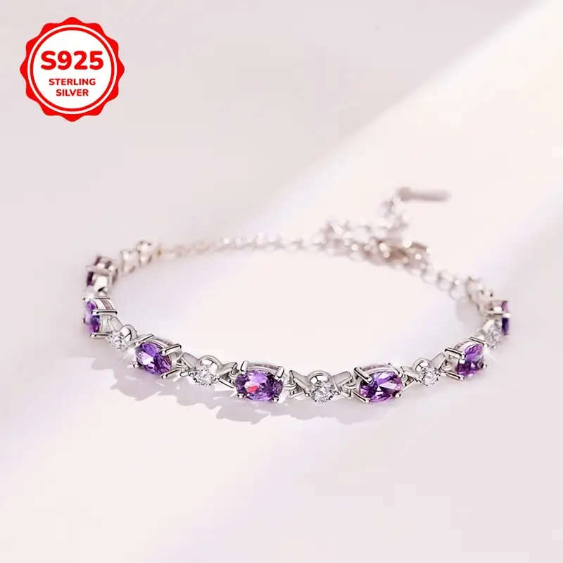 925 Sterling Silver Plated Purple Synthetic Zirconia Chain Bracelet