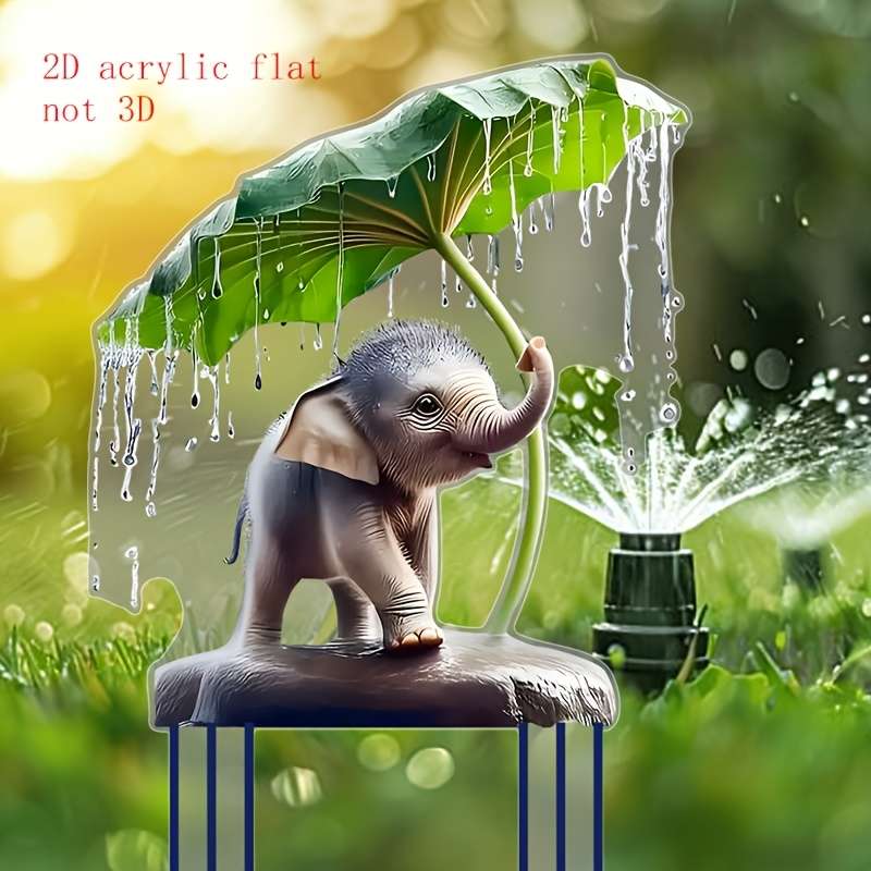 1pc 2D Flat  Charming Youngsters Elephant Under Umbrella  Acrylic Garden Stake Bohemian Style O