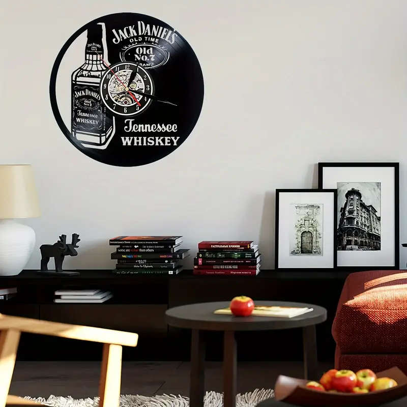 1pc Jack Daniels Vintage Whiskey Themed Silent Wall Clock Round Vinyl Record Design Battery Operated