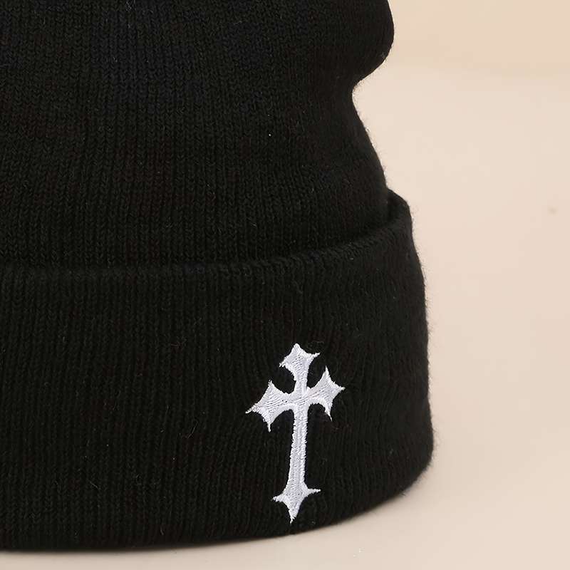1pc 100% Acrylic Beanie Elastic Fit Embroidered Dark Cross Knit Beanie Unisex Thick Knitted Skul
