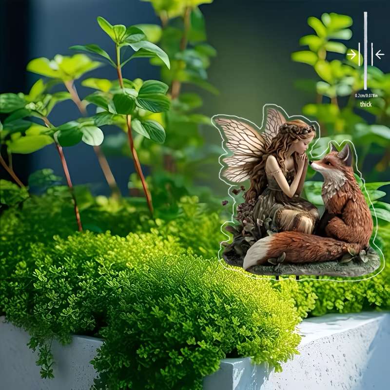 1pc 2D Flat   Bohemian Style Garden Decoration Ground Insert Enchanting Fairy Girl and Fox Scen