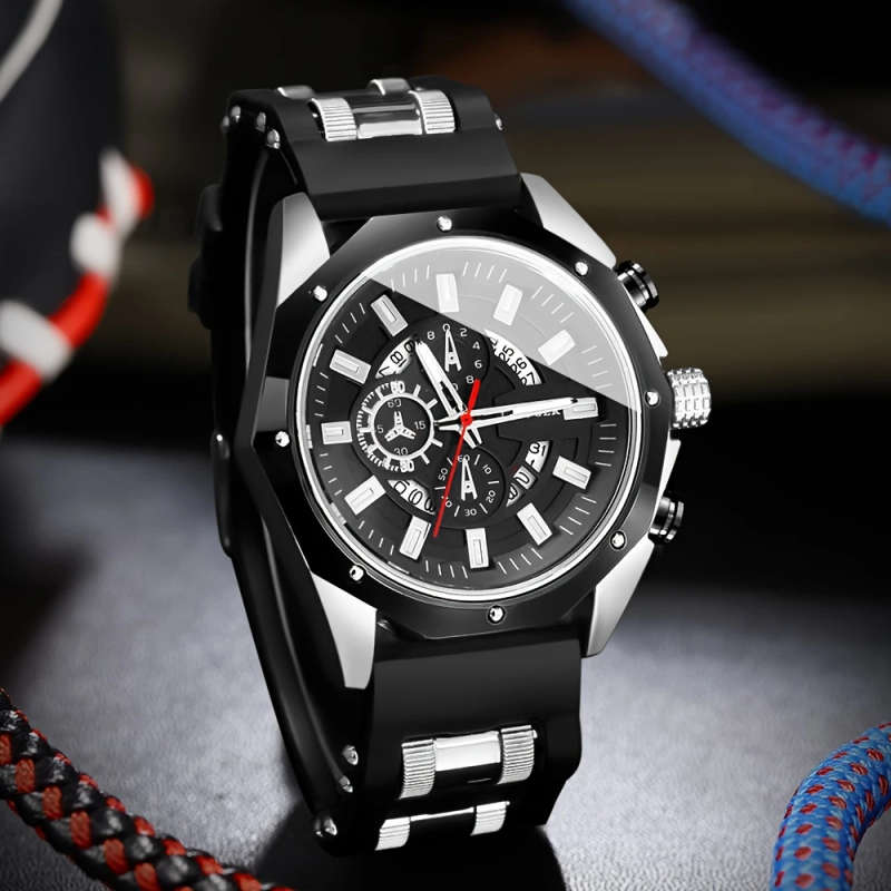 1pc Men's Stylish Quartz Watch with Calendar Black Rose Golden Silicone Strap Zinc Alloy Case Round