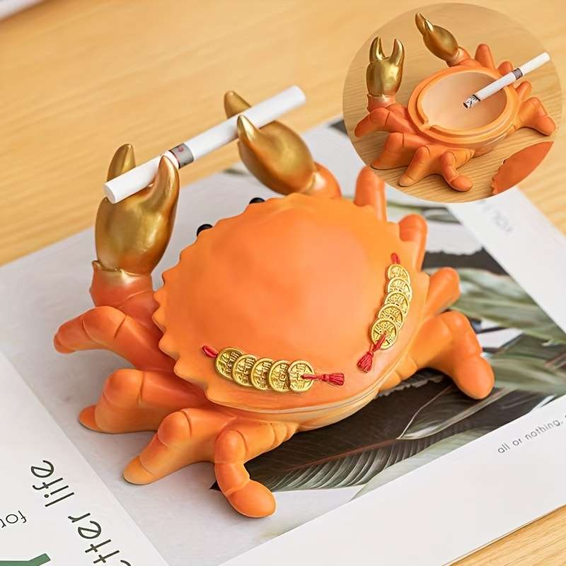 1pc Elegant Golden Crab Ashtray with Lid Durable Resin Modern Design for Home Office Decor Pe