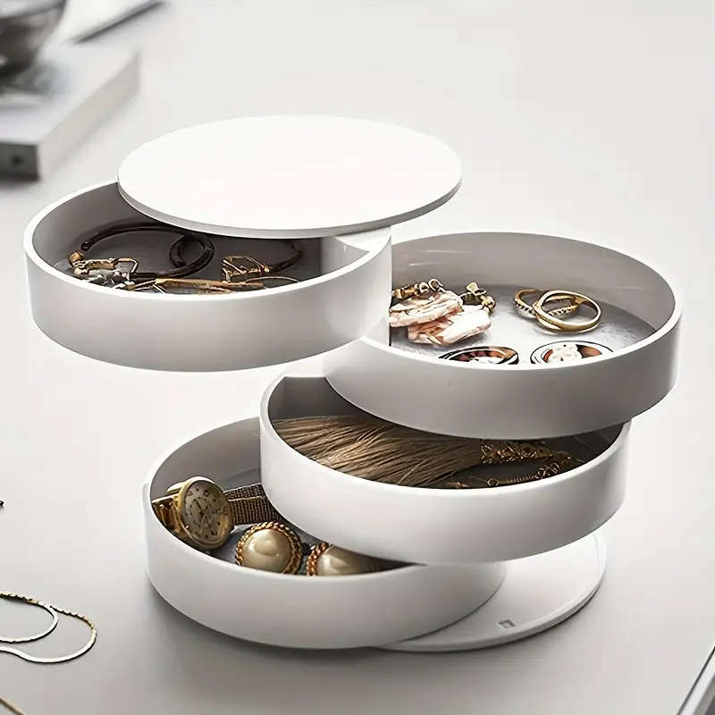 1pc Glam Style Rotating Jewelry Organizer Multi-Layer Tabletop Storage with Lid Round Plastic Deskto