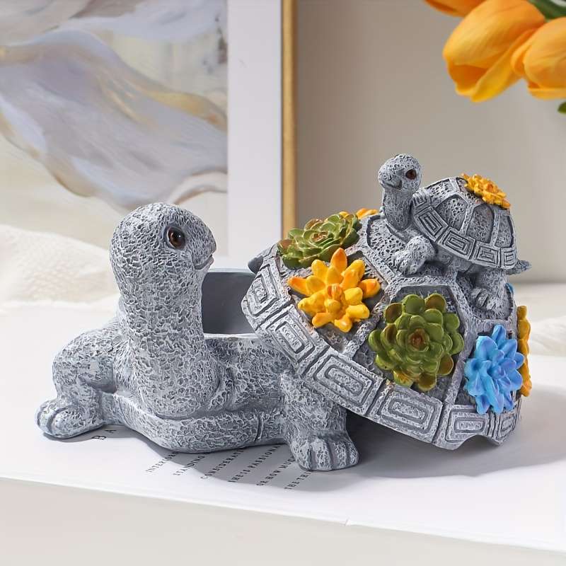 1pc Resin Mother and Youngsters Turtle Ashtray Oval Animal-Themed Ash Storage Box for Home and Gar