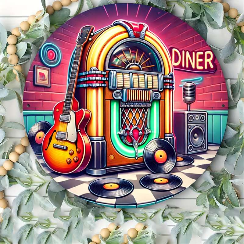 1pc Vintage Jukebox Metal Wall Art 19.81cm Aluminum Round Decor with Guitar Records Retro Dine