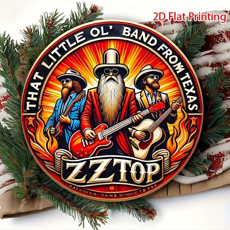 1pc 2D Flat Round 20.32x20.32 cm Vintage ZZ Top Aluminum Round Sign es Fiery Texas Band Desig