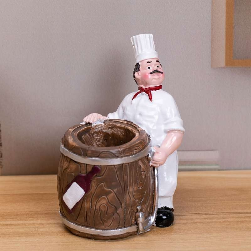 1pc Chef in Barrel Toothpick Holder Cartoon Resin Kitchen Decor White Chef with Red Apron