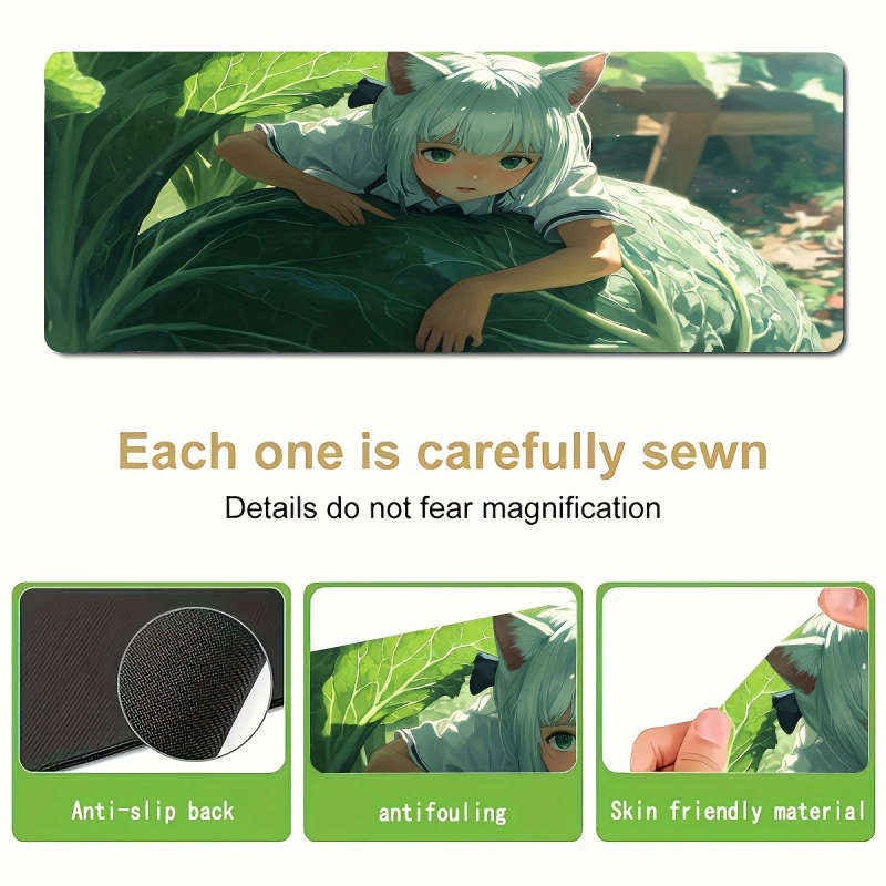 1pc 30x80cm Anime-Style Mouse Pad with Cute Girl in Green Leaves Design