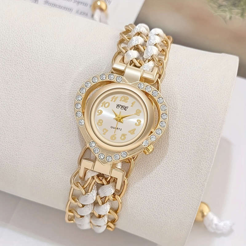 1pc Elegant Ladies' Quartz Wrist Watch with Rhinestone Embellishment Round Zinc Alloy Case and Braid