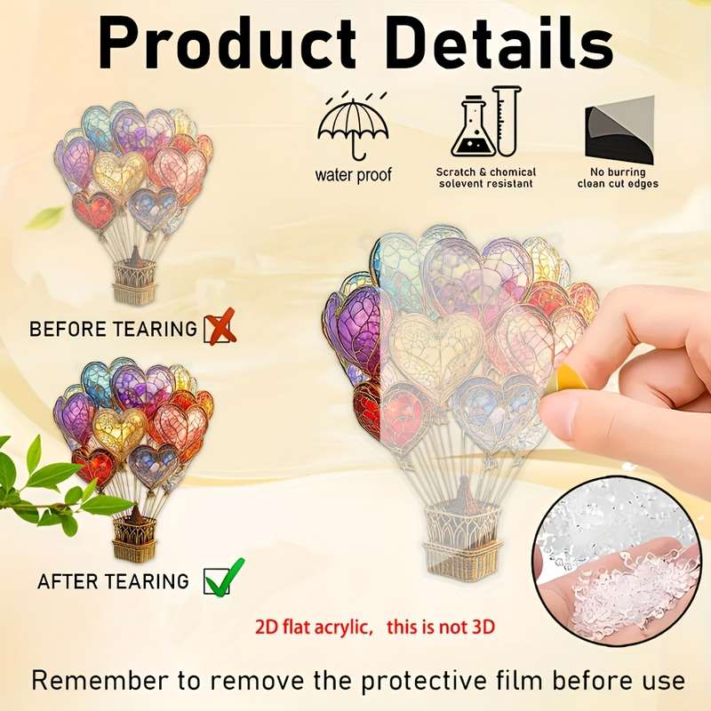 1pc 2D Flat   Elegant Heart-Shaped Hot Air Balloon Acrylic Sun Catcher  Stained Glass Style