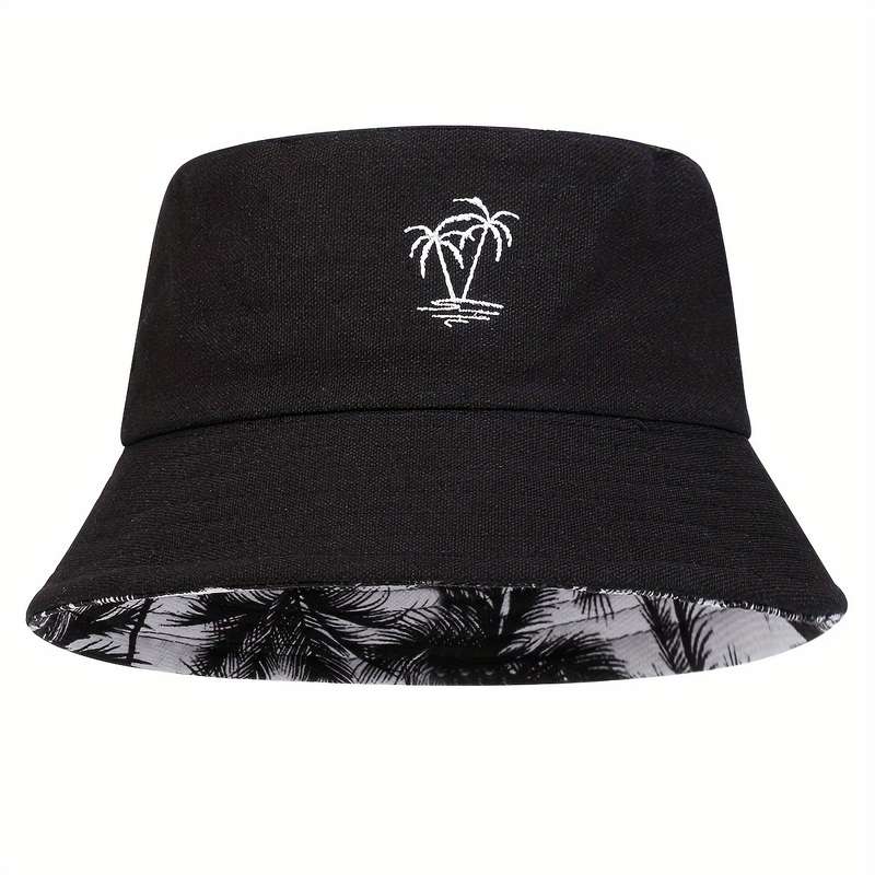 1pc Men'S Reversible Bucket Hat with Tree Embroidery Funky Style Polyester Fishing Cap Casual