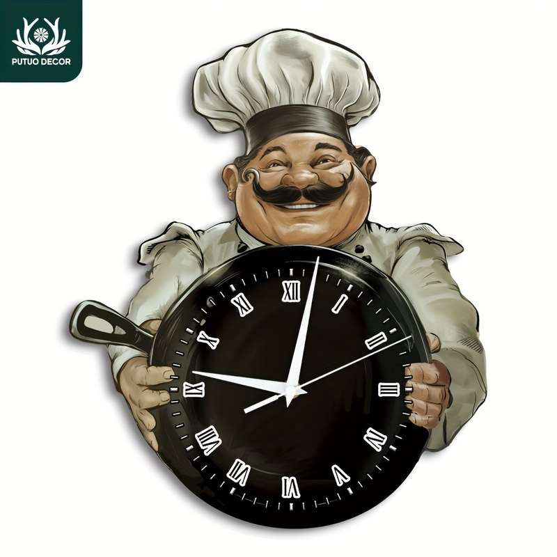 1pc of 2D Flat Putuo Decor Wall Clock Made of Wood Featuring a Chef Theme Perfect for Decorat