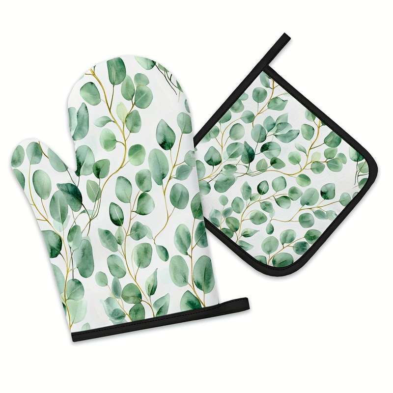 2pcs Green Eucalyptus Watercolor Leaves Pattern Oven Mitts and Pot Holders Sets