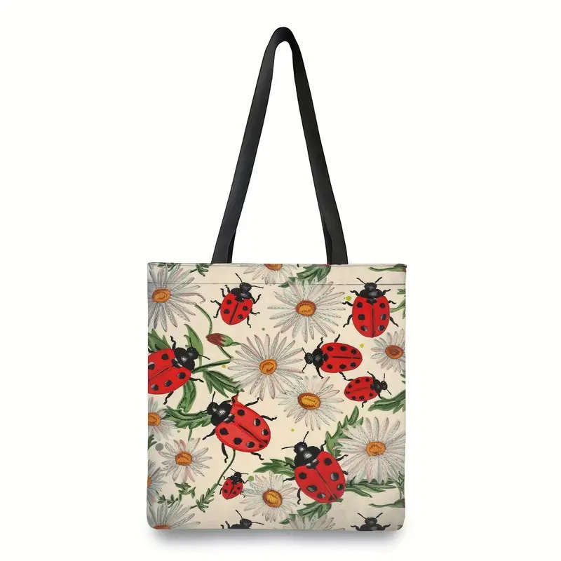 1pc Ladybugs With Daisies Pattern Canvas Tote Bag Large Women Casual Shoulder Bag Handbag Reusable M